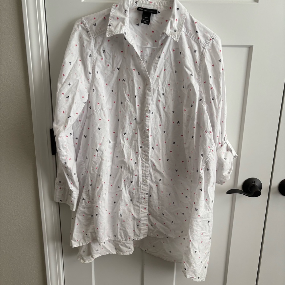 Lane Bryant, plus, 18/20, 2X, button up, skill, hearts, optional 3/4 sleeve